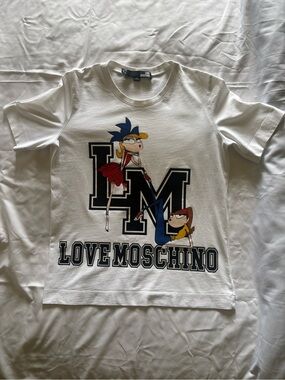 Love Moschino White Women’s Logo Tee with Colorful Character Print